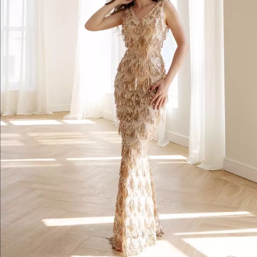 Gold Tassel Sequin Sleeveless Beaded Evening Gown - Picture 4 of 9